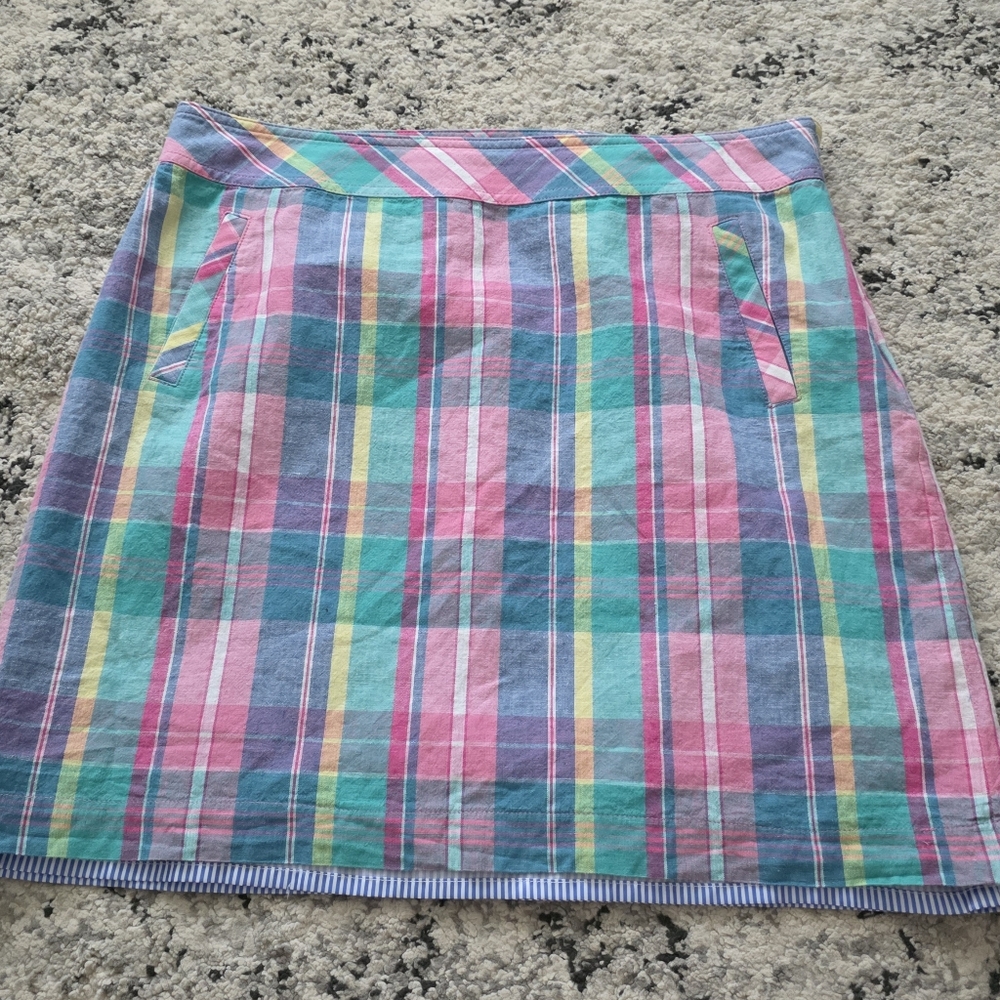 TALBOTS Linen Blend Summer Plaid Mini Skirt Womens 10 Pink Green Yellow Blue